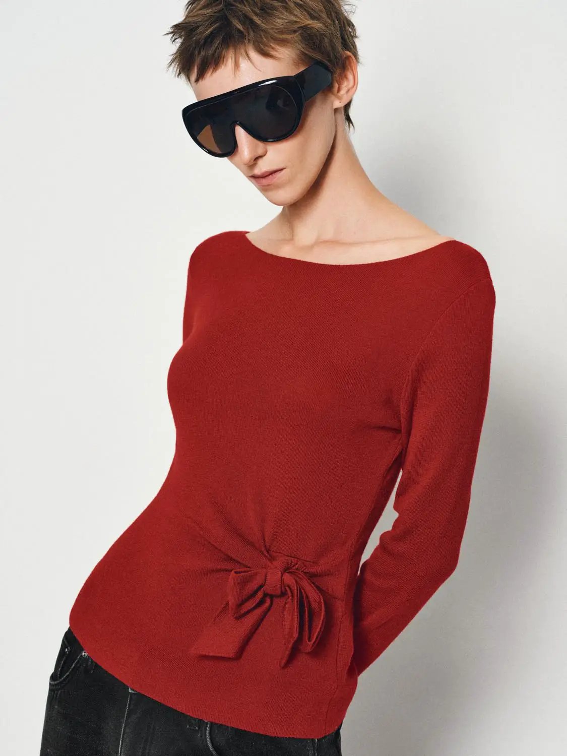 Ribbed Long Sleeve Boat Neck Tie Waist Knit Top