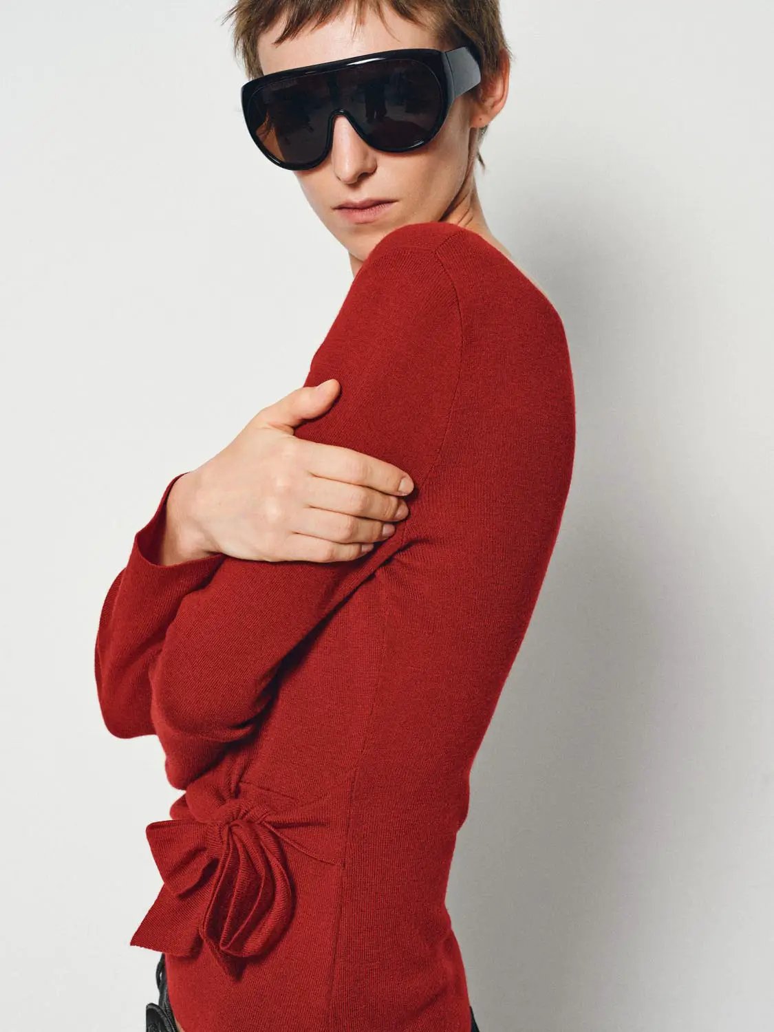 Ribbed Long Sleeve Boat Neck Tie Waist Knit Top