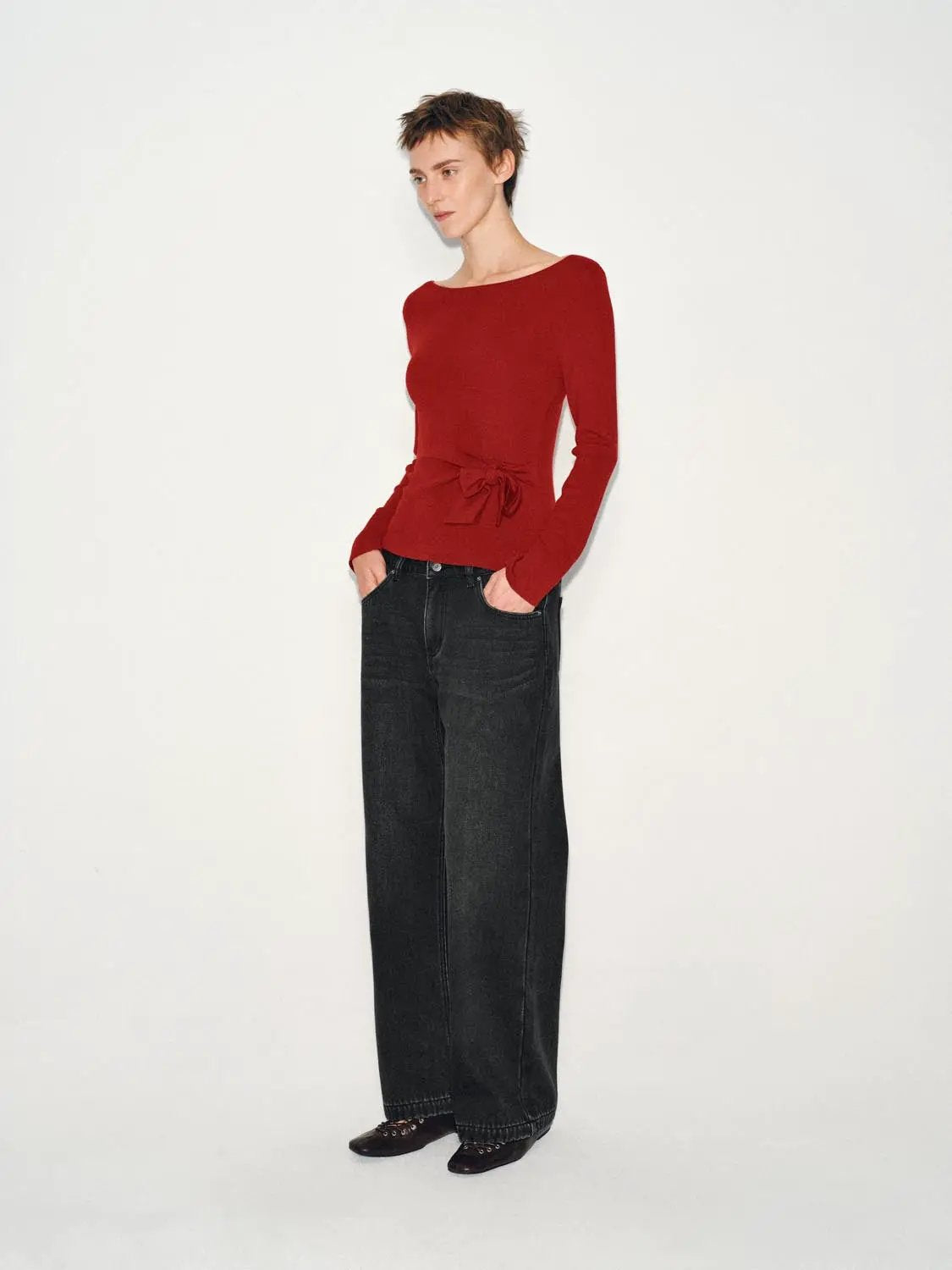 Ribbed Long Sleeve Boat Neck Tie Waist Knit Top