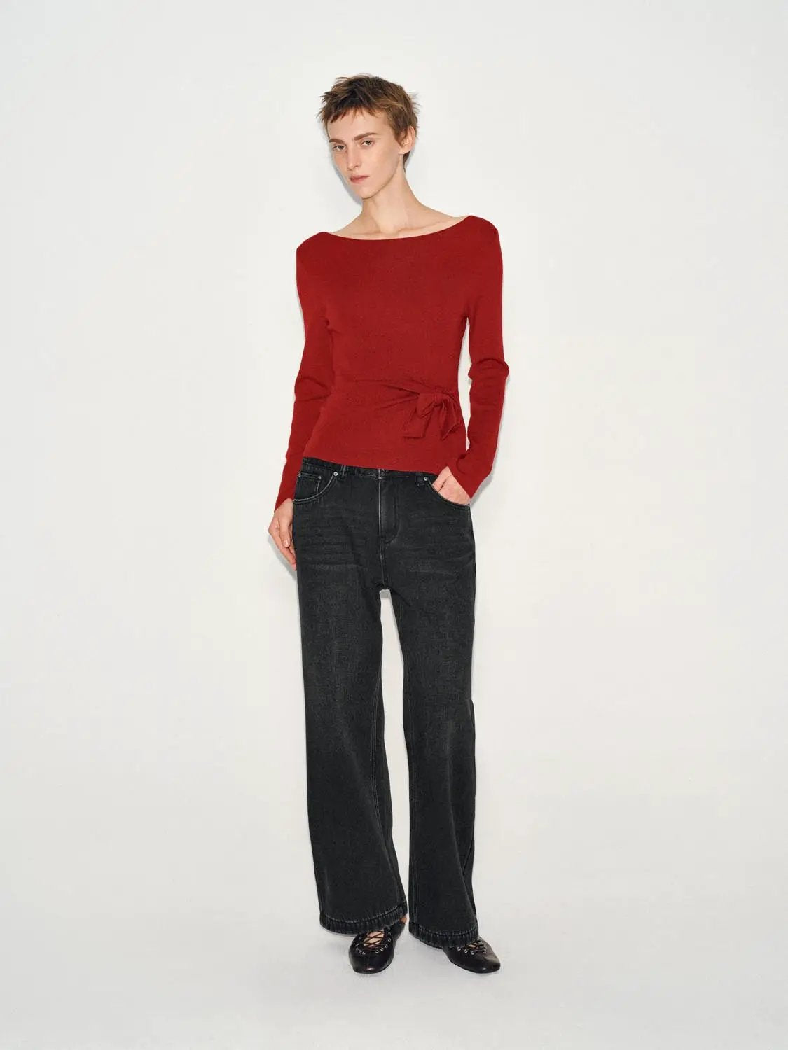Ribbed Long Sleeve Boat Neck Tie Waist Knit Top