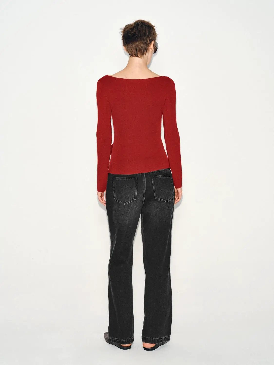 Ribbed Long Sleeve Boat Neck Tie Waist Knit Top