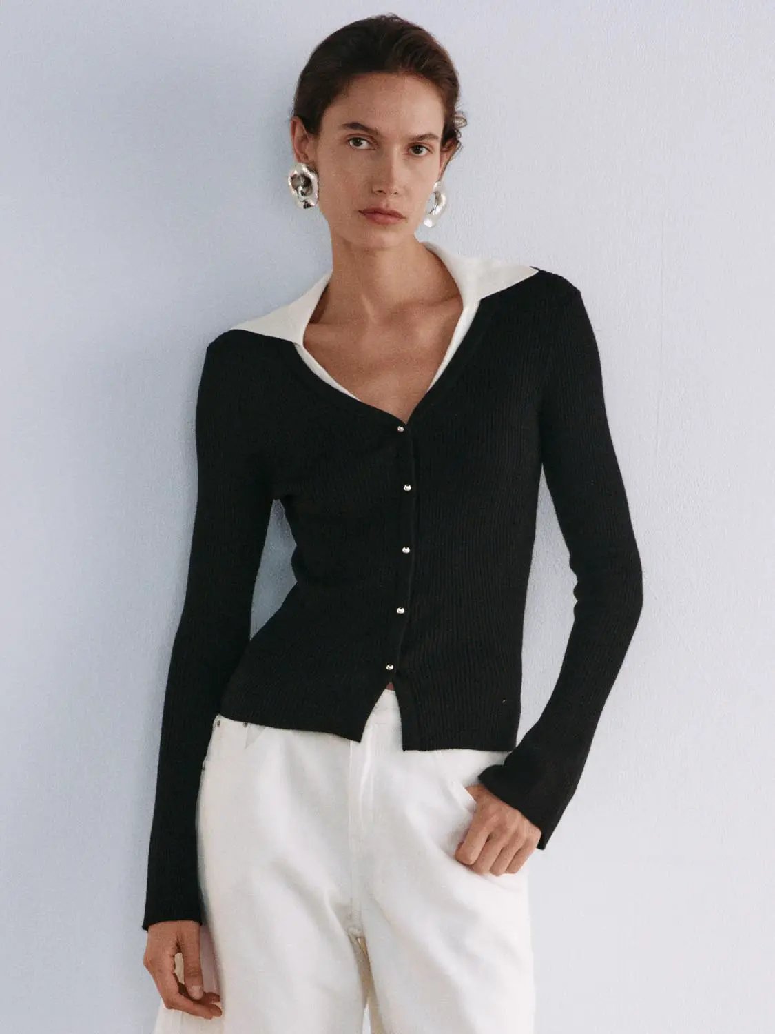 Ribbed Contrast Collar Button Front Long Sleeve Knit Jacket