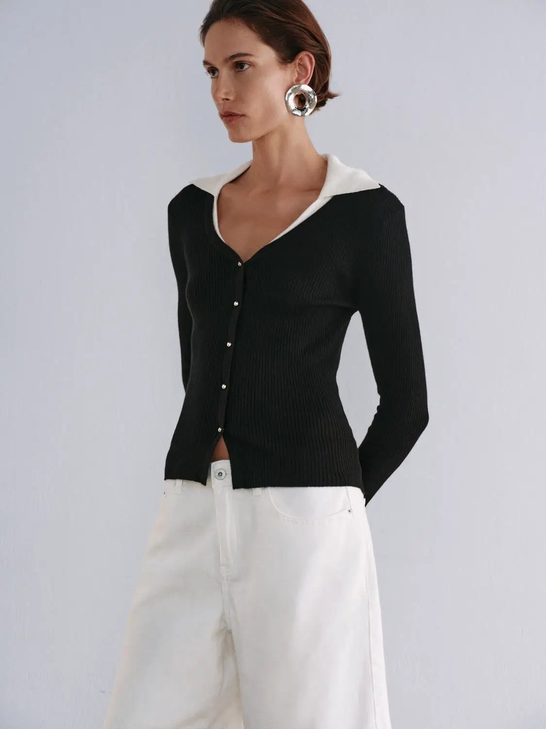 Ribbed Contrast Collar Button Front Long Sleeve Knit Jacket