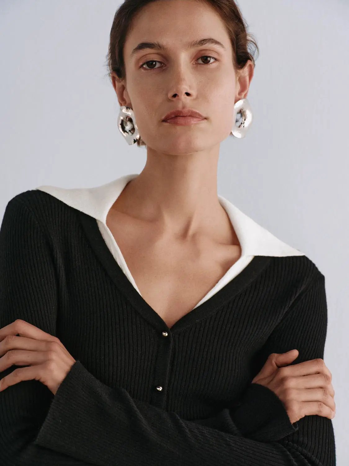 Ribbed Contrast Collar Button Front Long Sleeve Knit Jacket