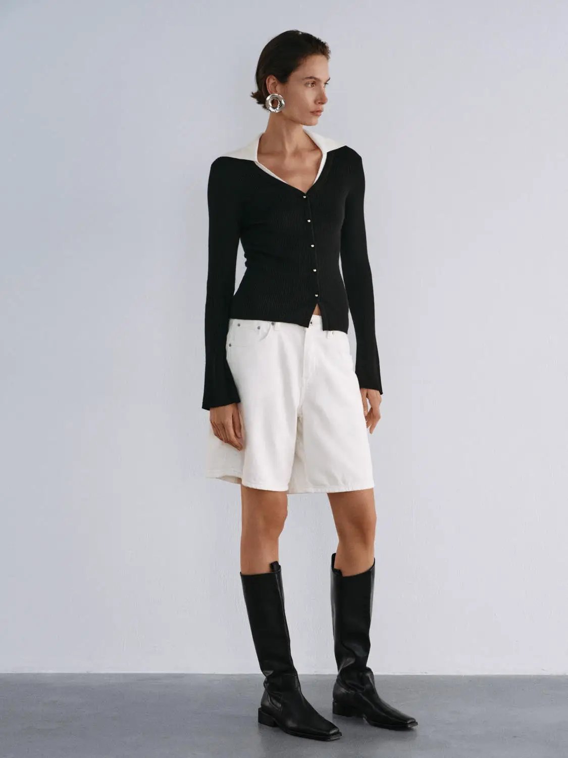 Ribbed Contrast Collar Button Front Long Sleeve Knit Jacket