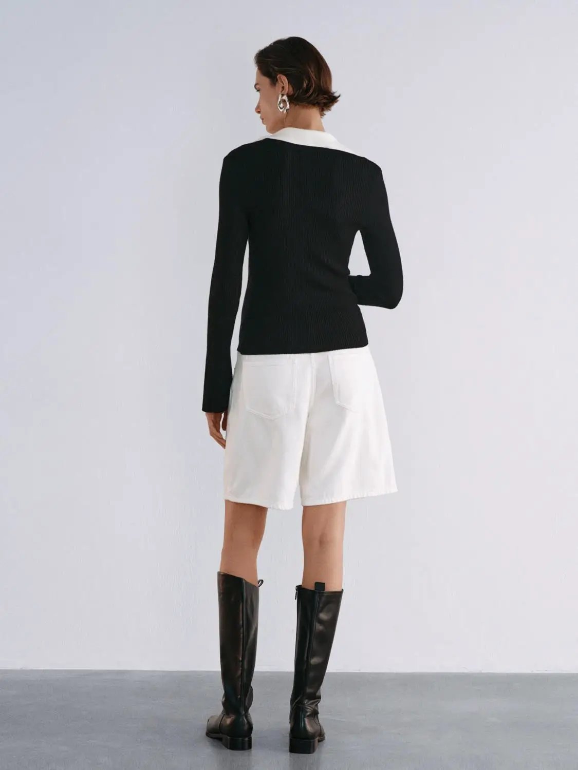 Ribbed Contrast Collar Button Front Long Sleeve Knit Jacket