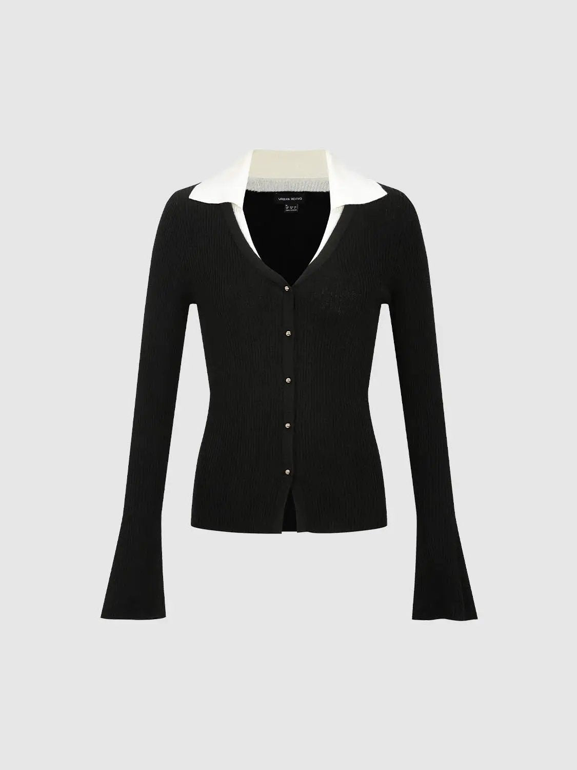 Ribbed Contrast Collar Button Front Long Sleeve Knit Jacket