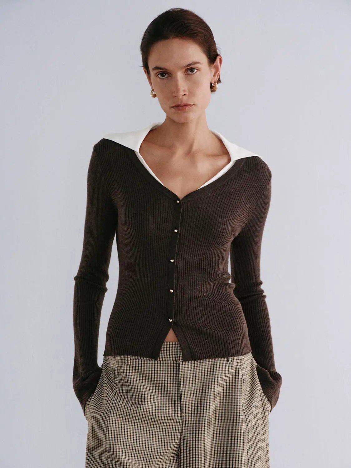 Ribbed Contrast Collar Button Front Long Sleeve Knit Jacket