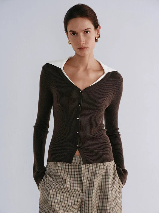 Ribbed Contrast Collar Button Front Long Sleeve Knit Jacket