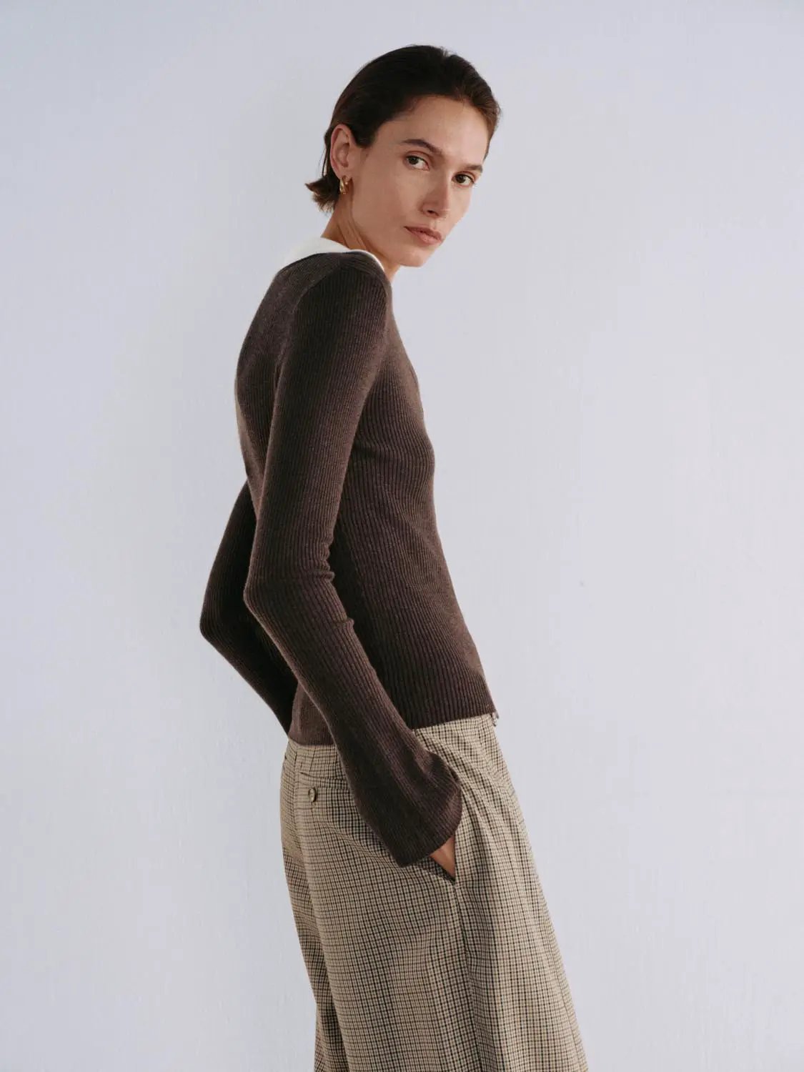 Ribbed Contrast Collar Button Front Long Sleeve Knit Jacket