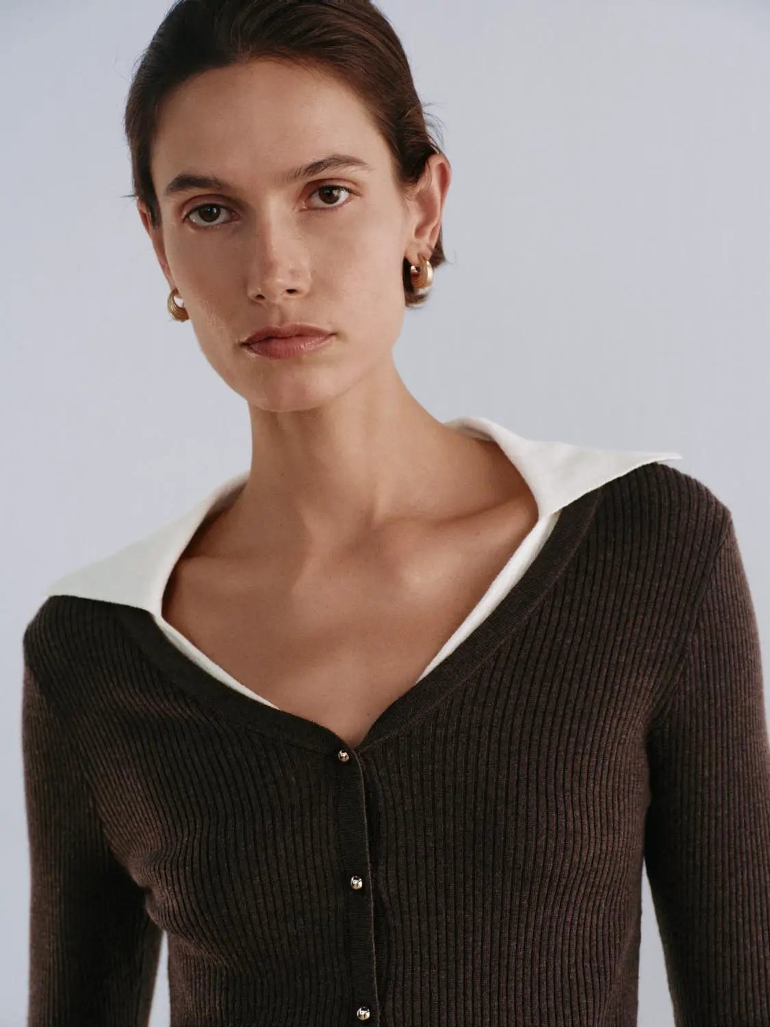 Ribbed Contrast Collar Button Front Long Sleeve Knit Jacket