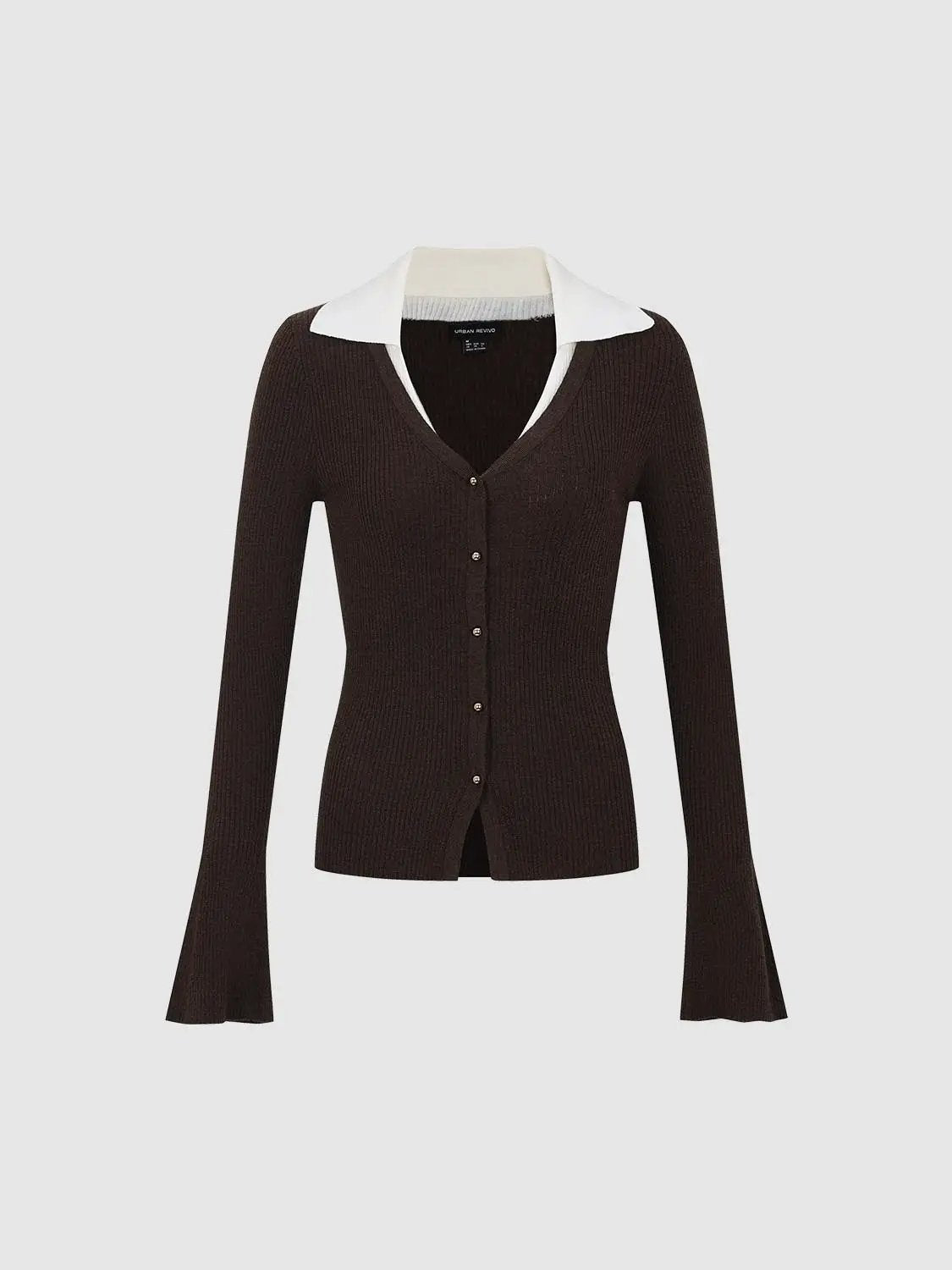 Ribbed Contrast Collar Button Front Long Sleeve Knit Jacket