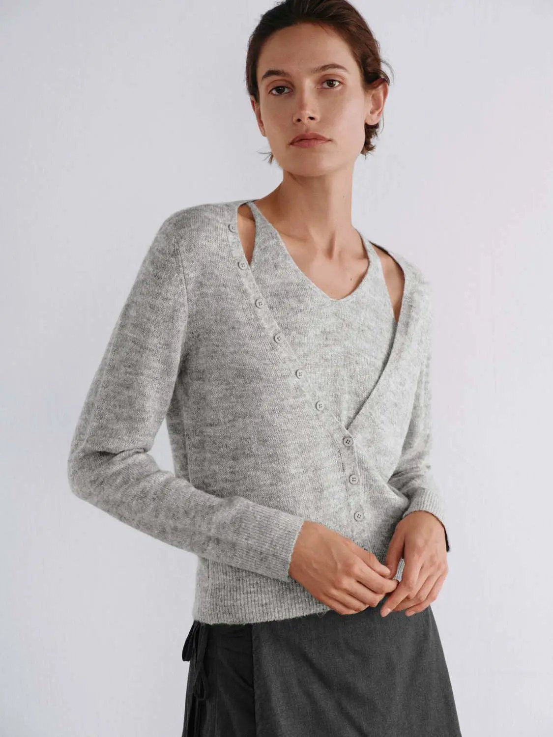 Layered V-neck Button Front Long Sleeve Cardigan
