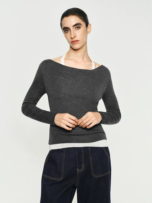 Fitted Contrast Hem Boat Neck Long Sleeve Knit Top