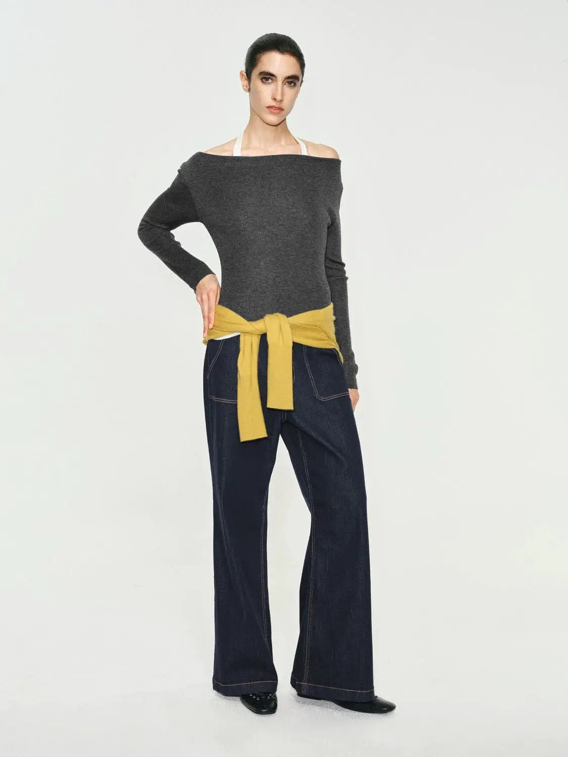 Fitted Contrast Hem Boat Neck Long Sleeve Knit Top