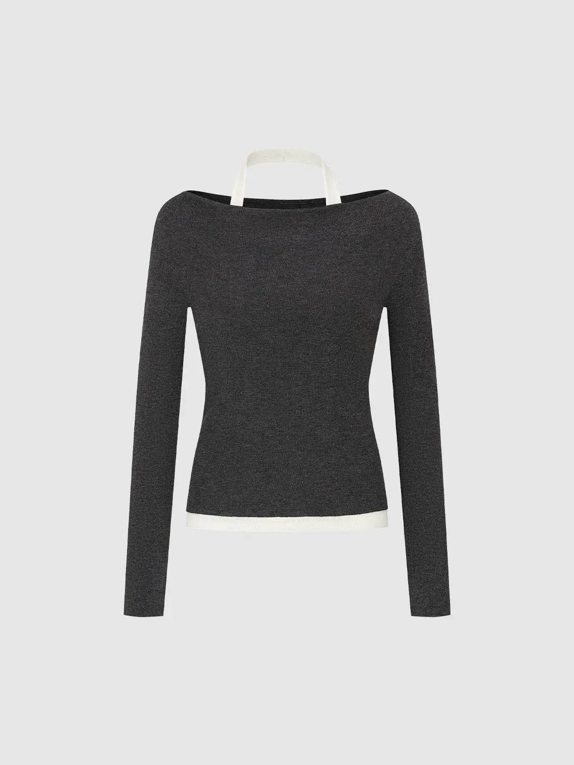 Fitted Contrast Hem Boat Neck Long Sleeve Knit Top