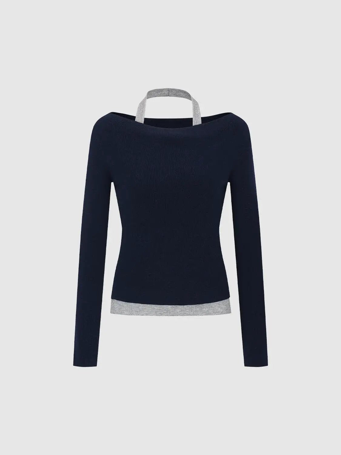 Fitted Contrast Hem Boat Neck Long Sleeve Knit Top
