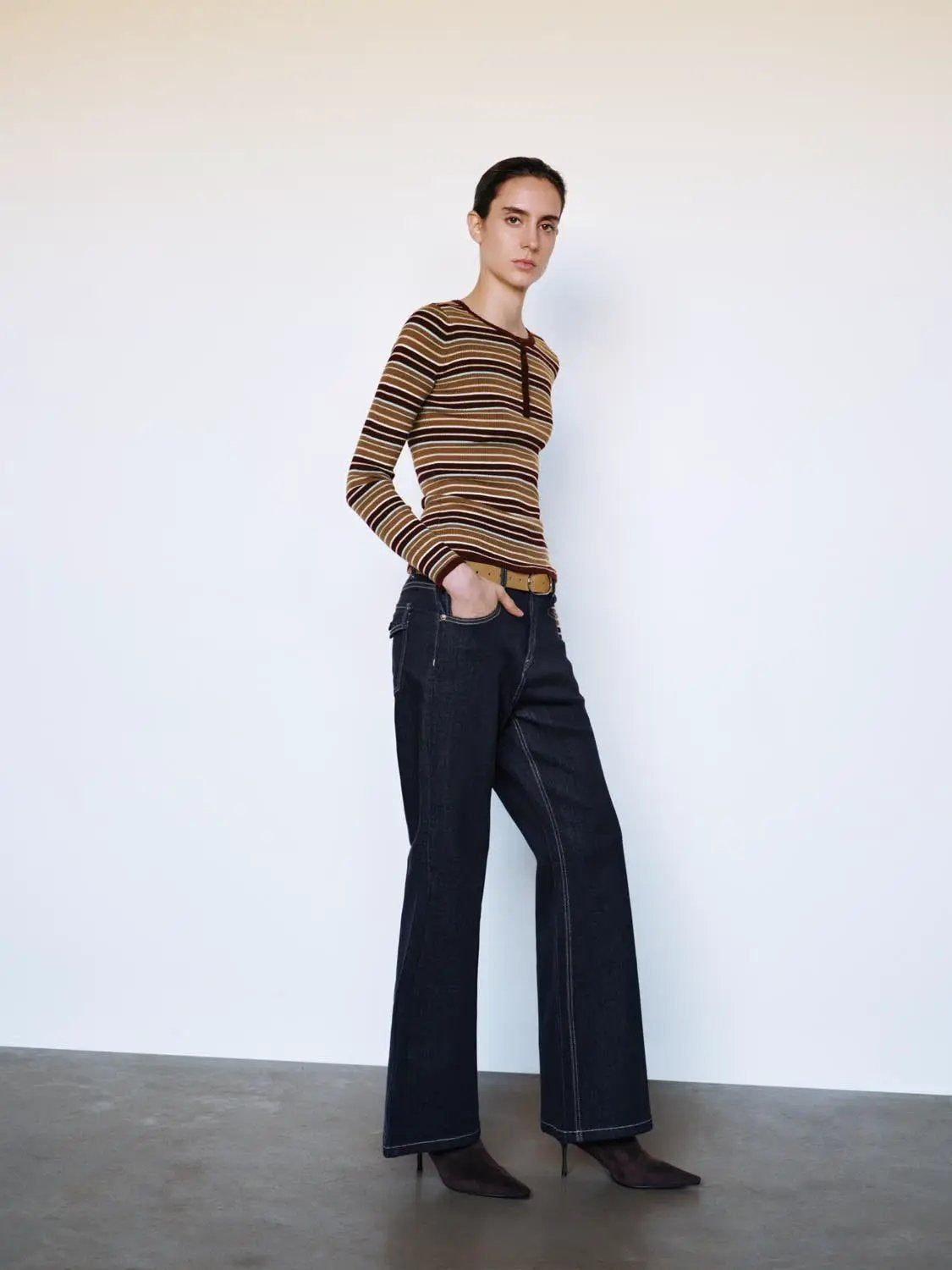 Striped Ribbed Long Sleeve Button Front T-Shirt
