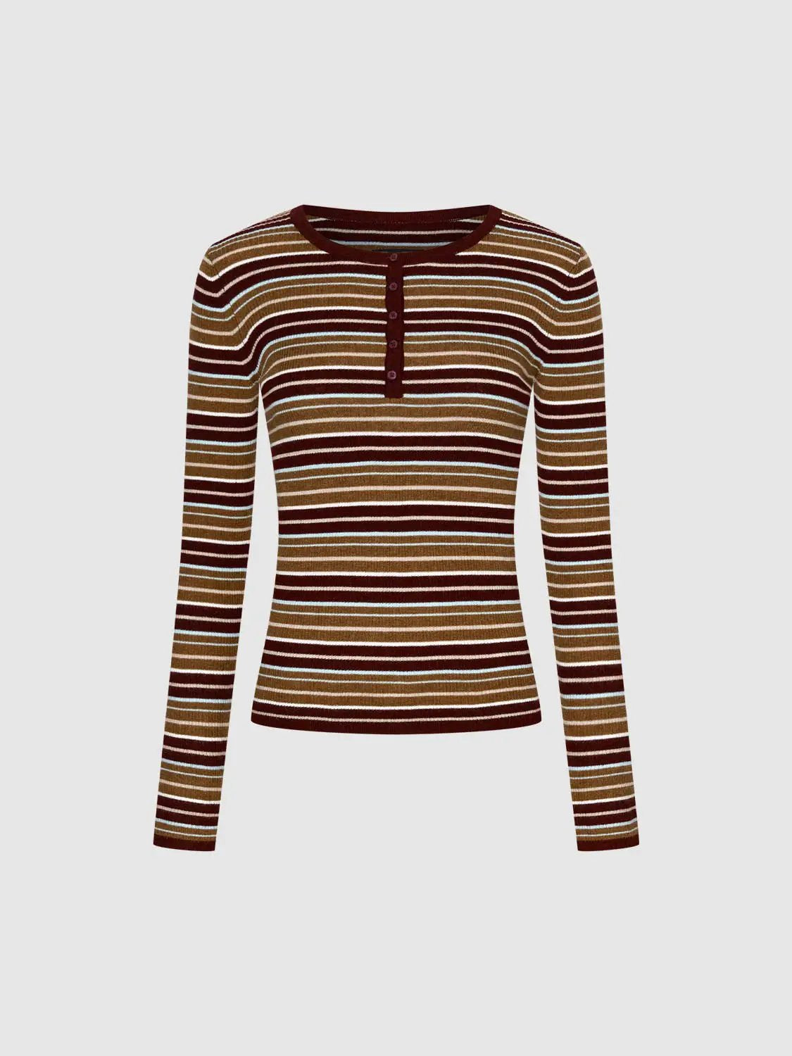 Striped Ribbed Long Sleeve Button Front T-Shirt