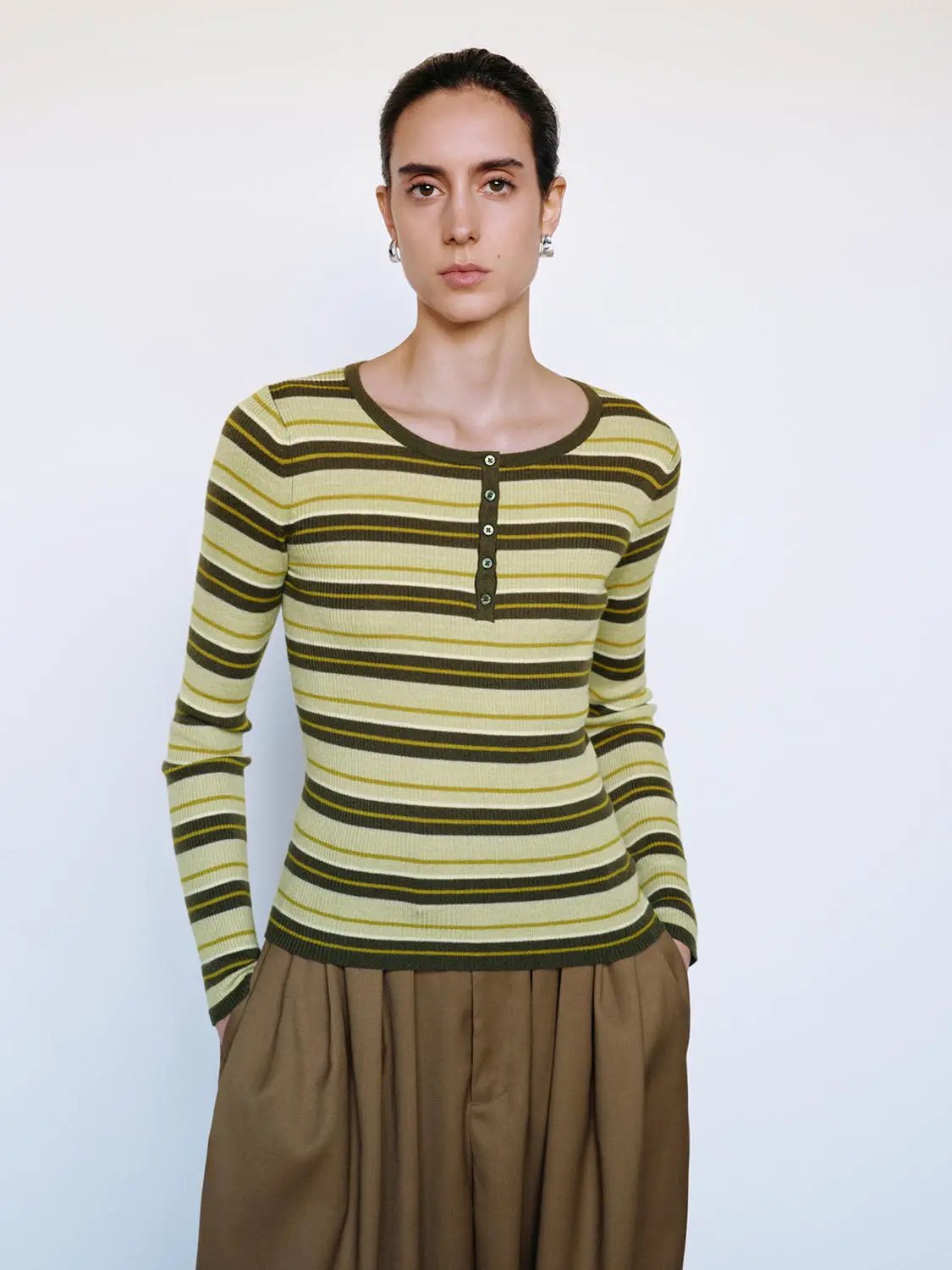 Striped Ribbed Long Sleeve Button Front T-Shirt