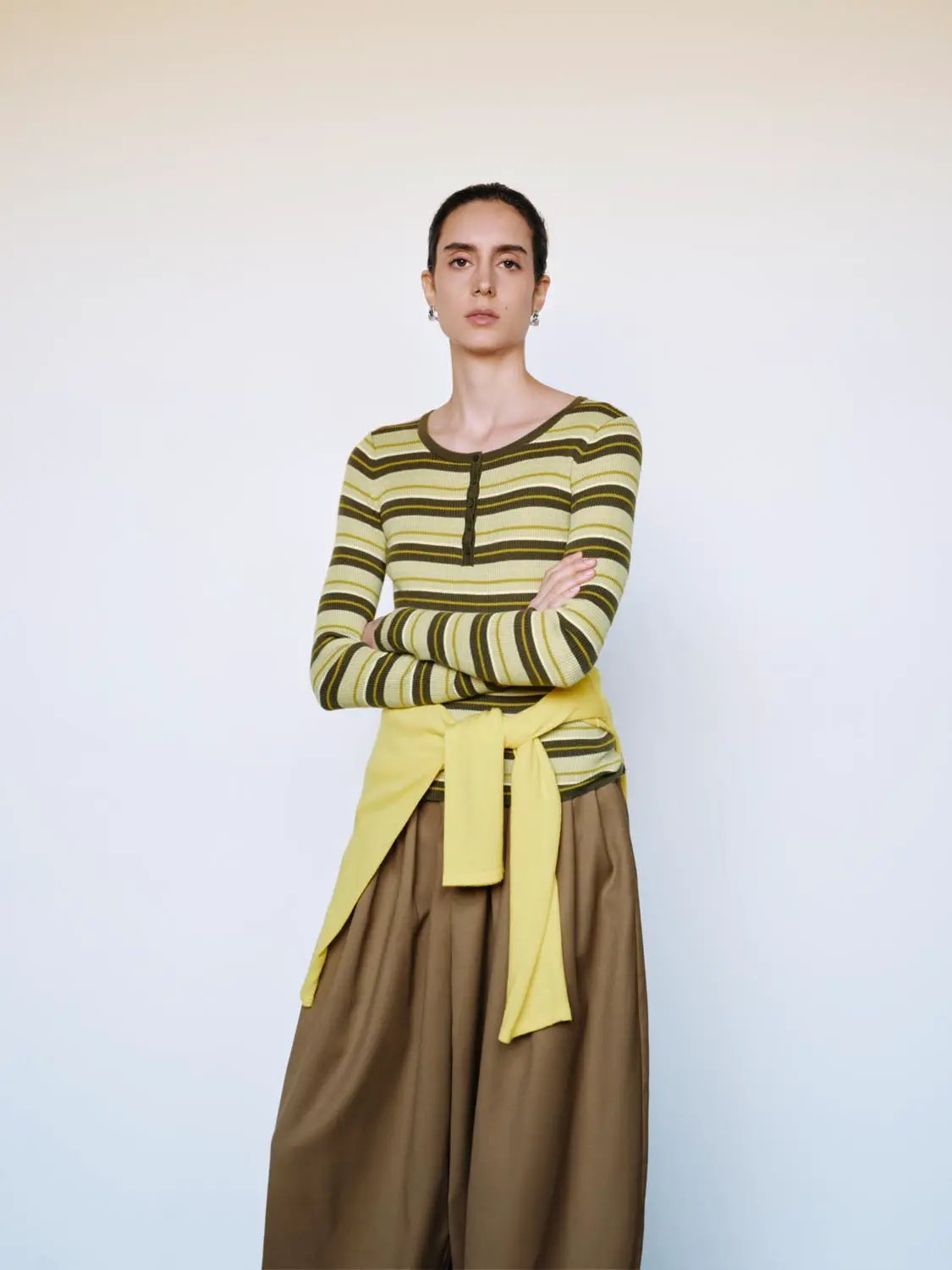 Striped Ribbed Long Sleeve Button Front T-Shirt