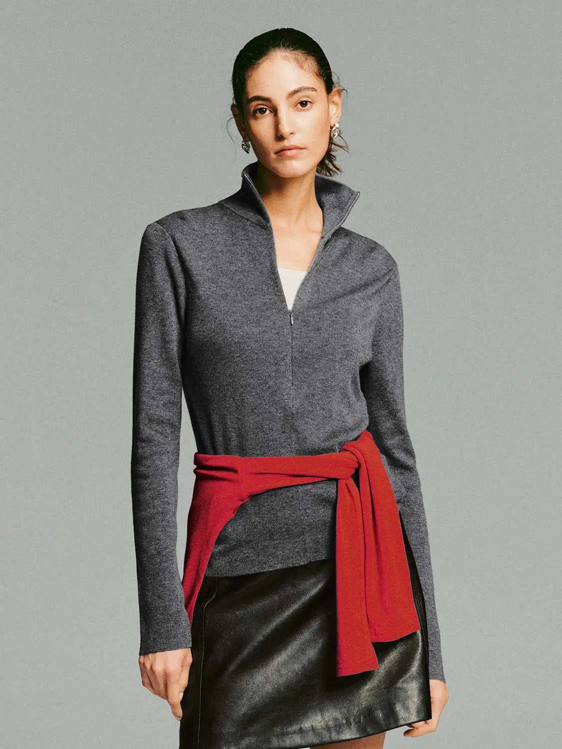 Fitted Ribbed Zip Neck Long Sleeve Knit Sweater