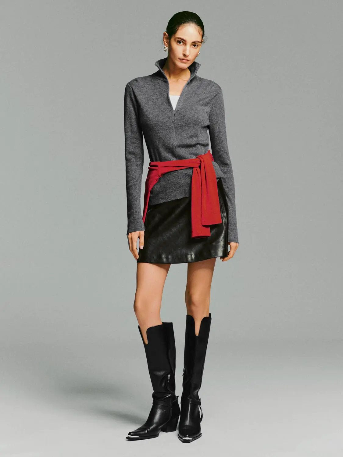 Fitted Ribbed Zip Neck Long Sleeve Knit Sweater