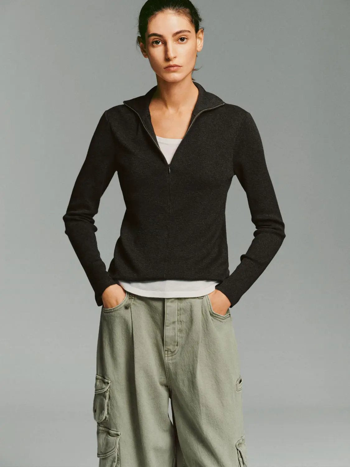 Fitted Ribbed Zip Neck Long Sleeve Knit Sweater
