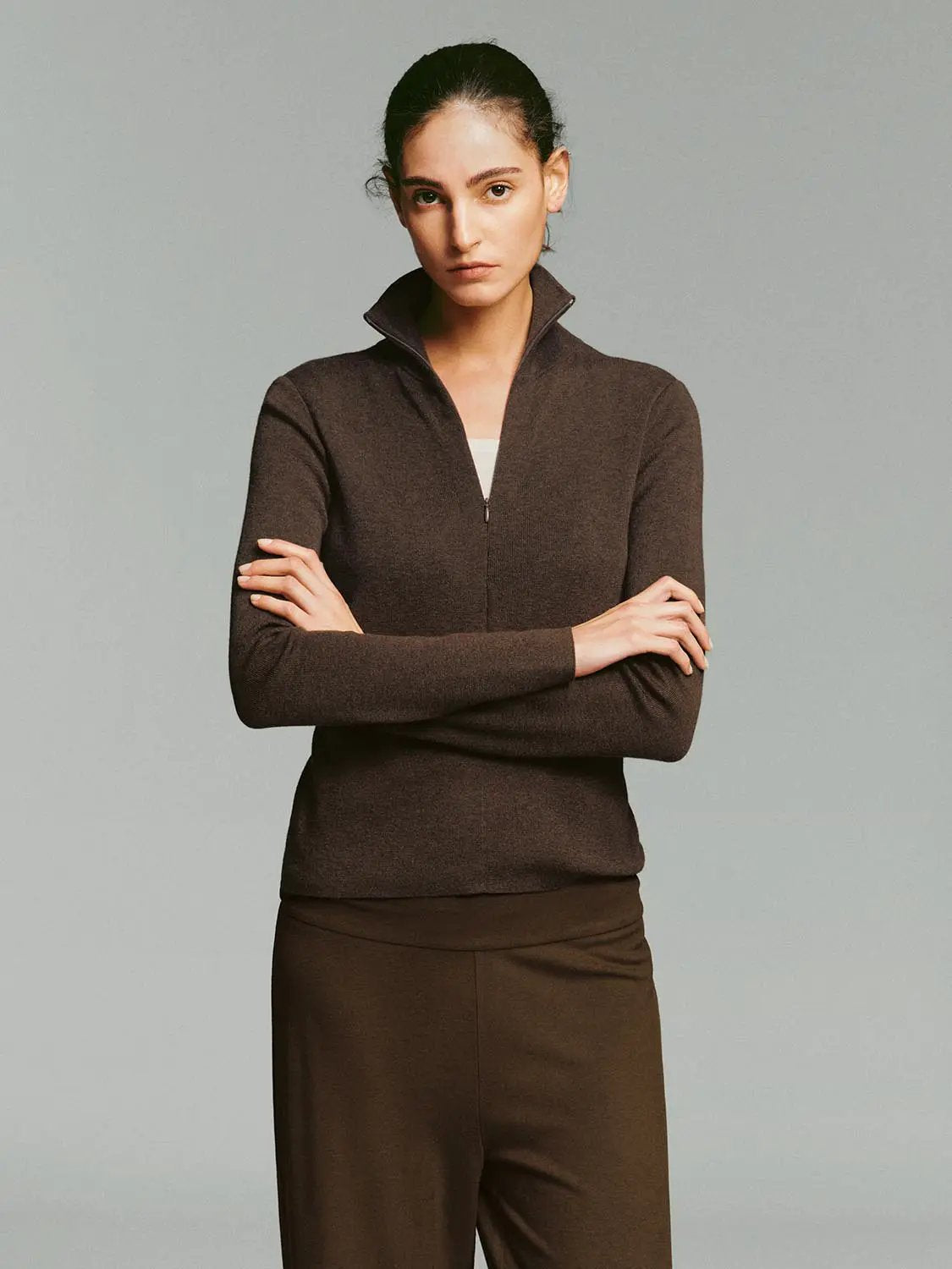 Fitted Ribbed Zip Neck Long Sleeve Knit Sweater