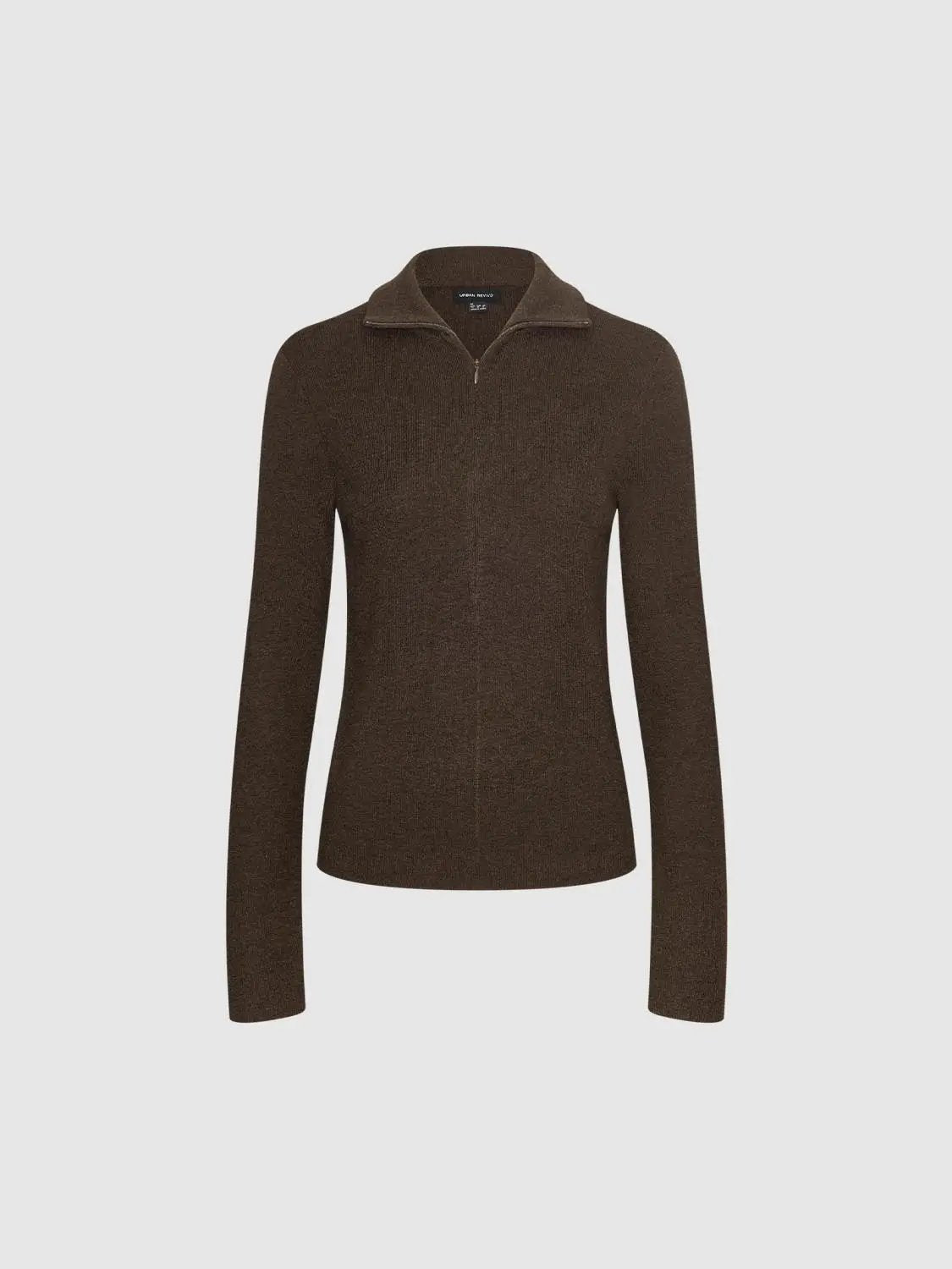 Fitted Ribbed Zip Neck Long Sleeve Knit Sweater