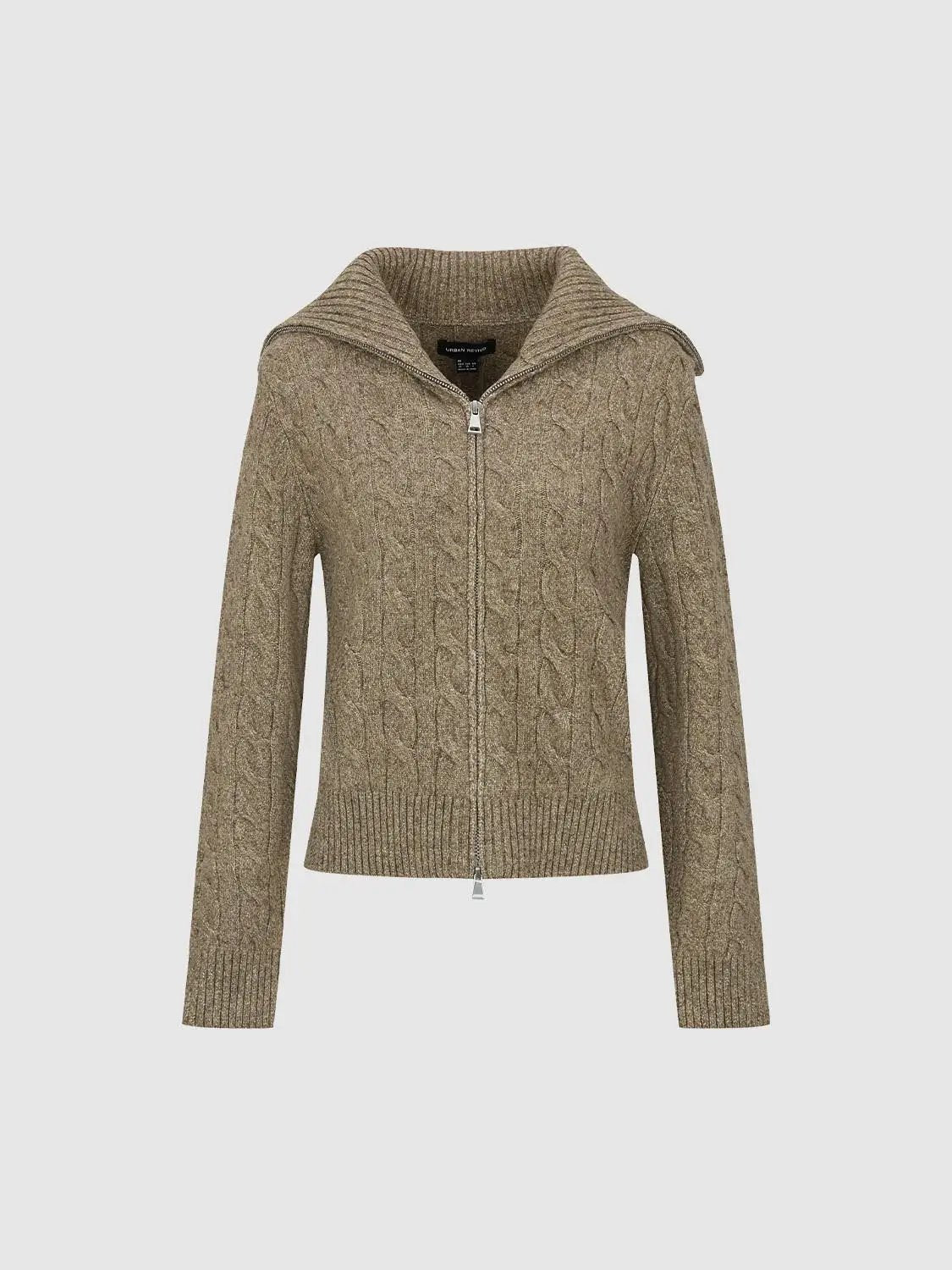 Cable Knit Fitted Long Sleeve Wide Collar Full Zip Jacket