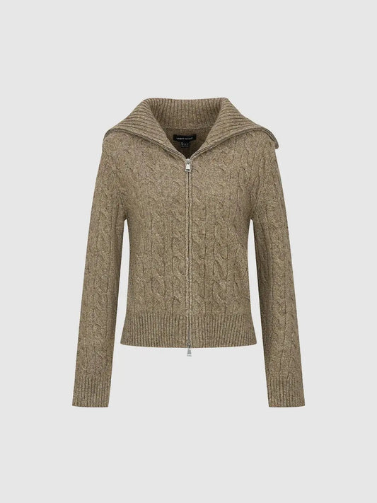 Cable Knit Fitted Long Sleeve Wide Collar Full Zip Jacket