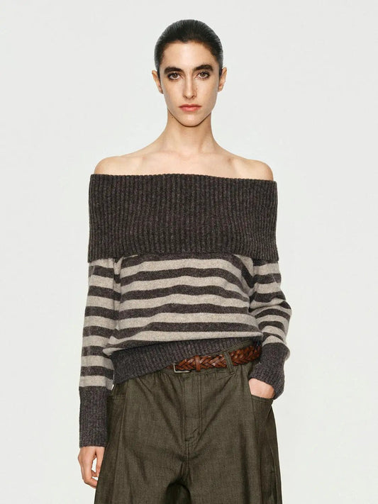 Off The Shoulder Striped Ribbed Long Sleeve Sweater