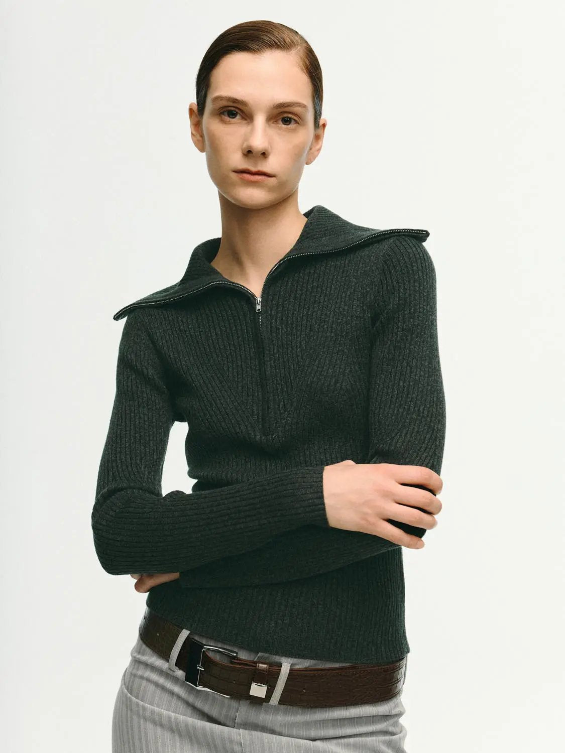 Ribbed Half-zip Long Sleeve Fitted Sweater