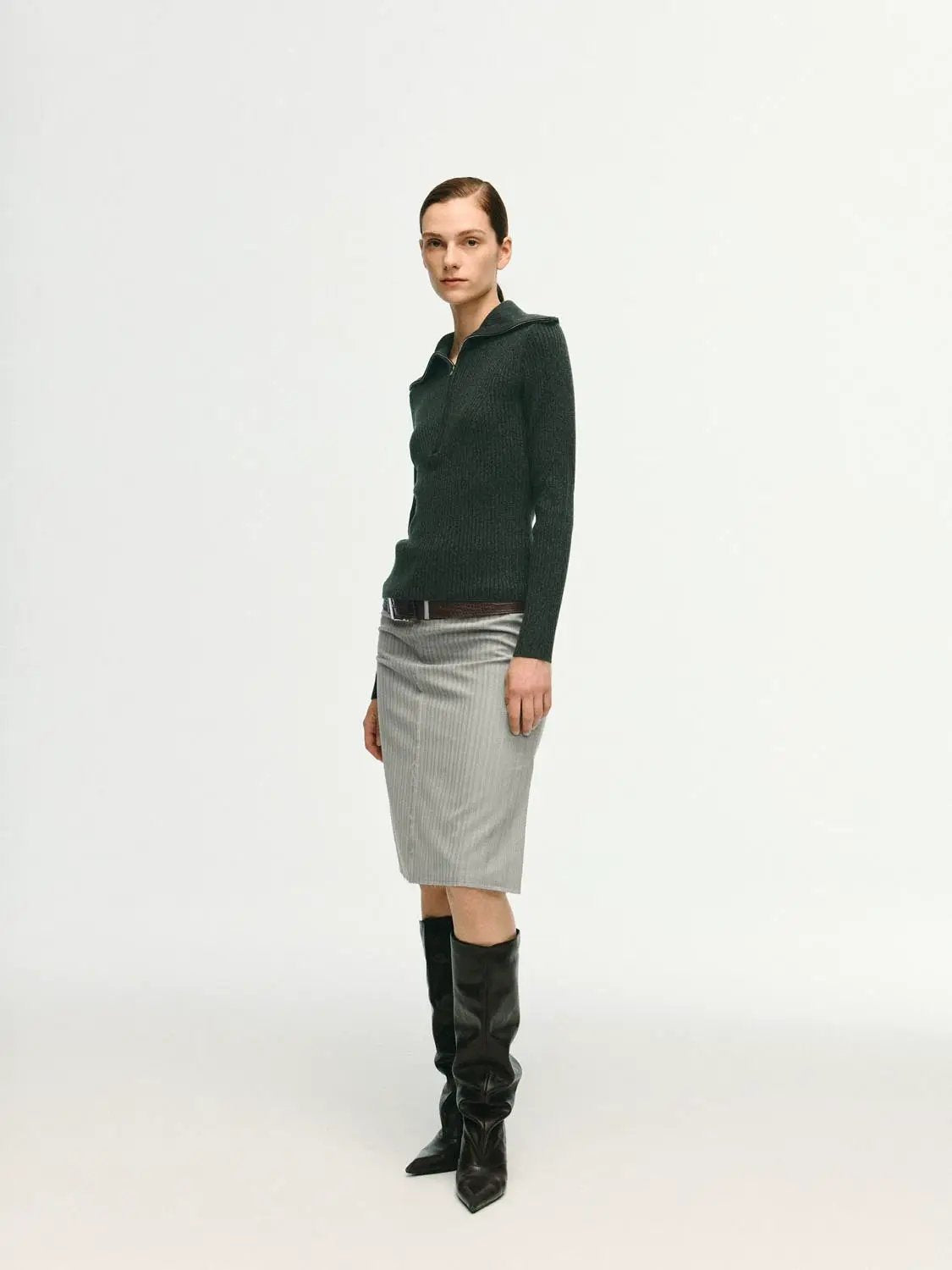 Ribbed Half-zip Long Sleeve Fitted Sweater