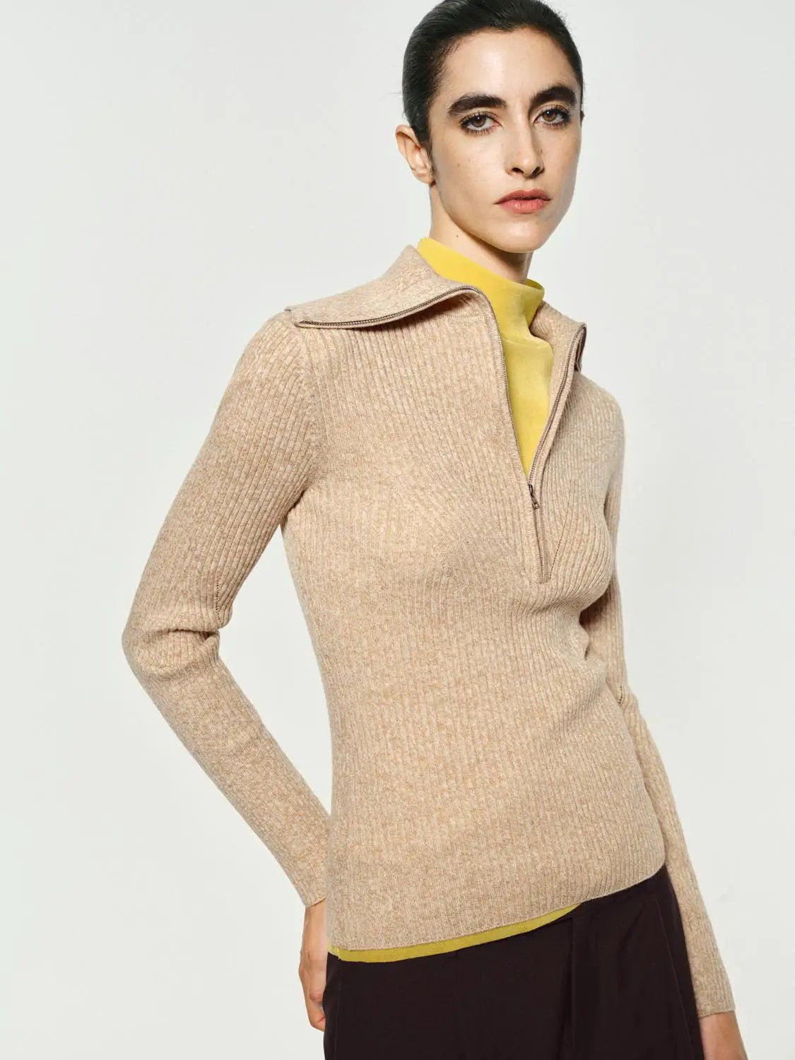Ribbed Half-zip Long Sleeve Fitted Sweater