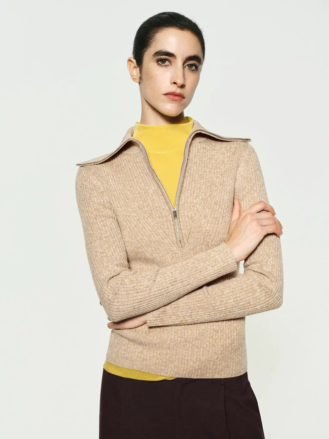 Ribbed Half-zip Long Sleeve Fitted Sweater