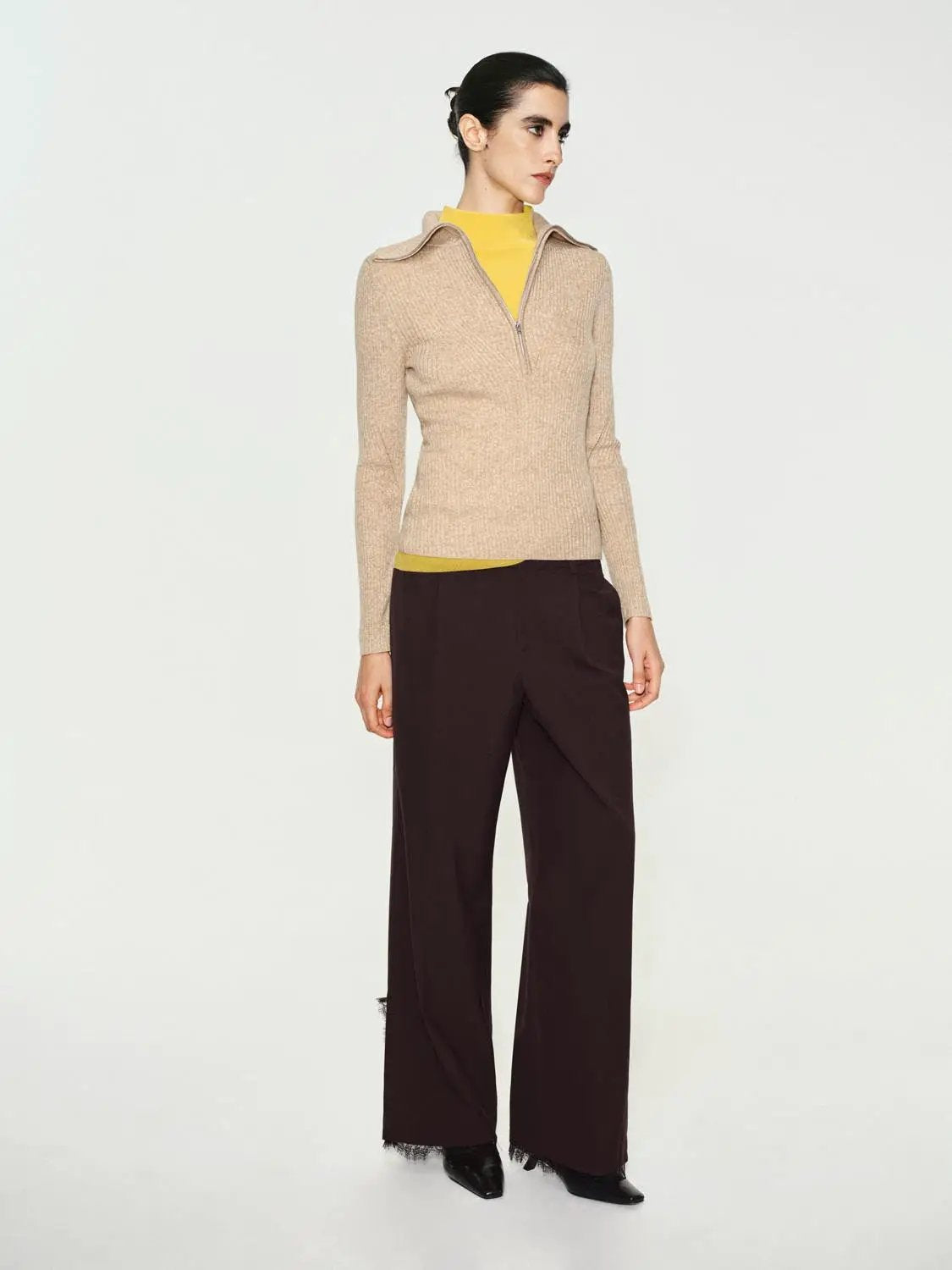 Ribbed Half-zip Long Sleeve Fitted Sweater