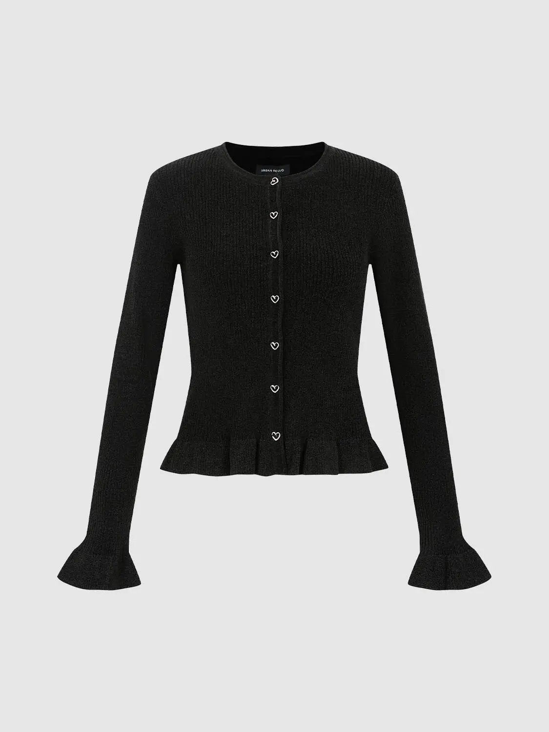 Ribbed Heart Button Crew Neck Long Sleeve Cardigan