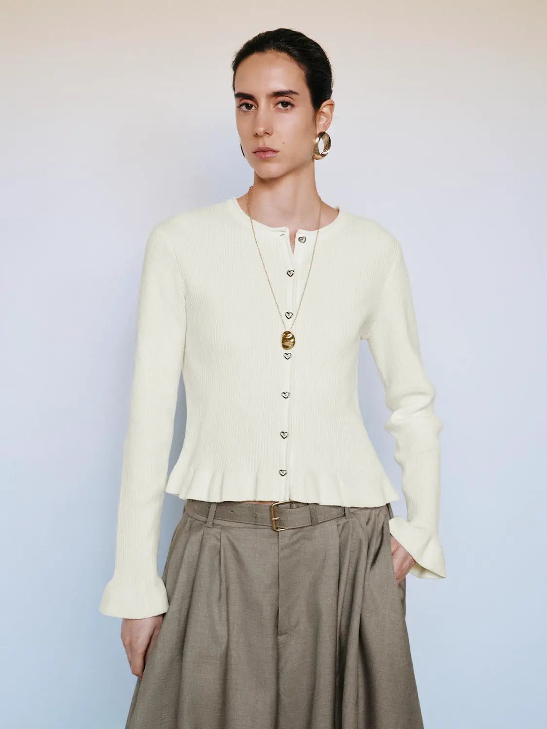 Ribbed Heart Button Crew Neck Long Sleeve Cardigan