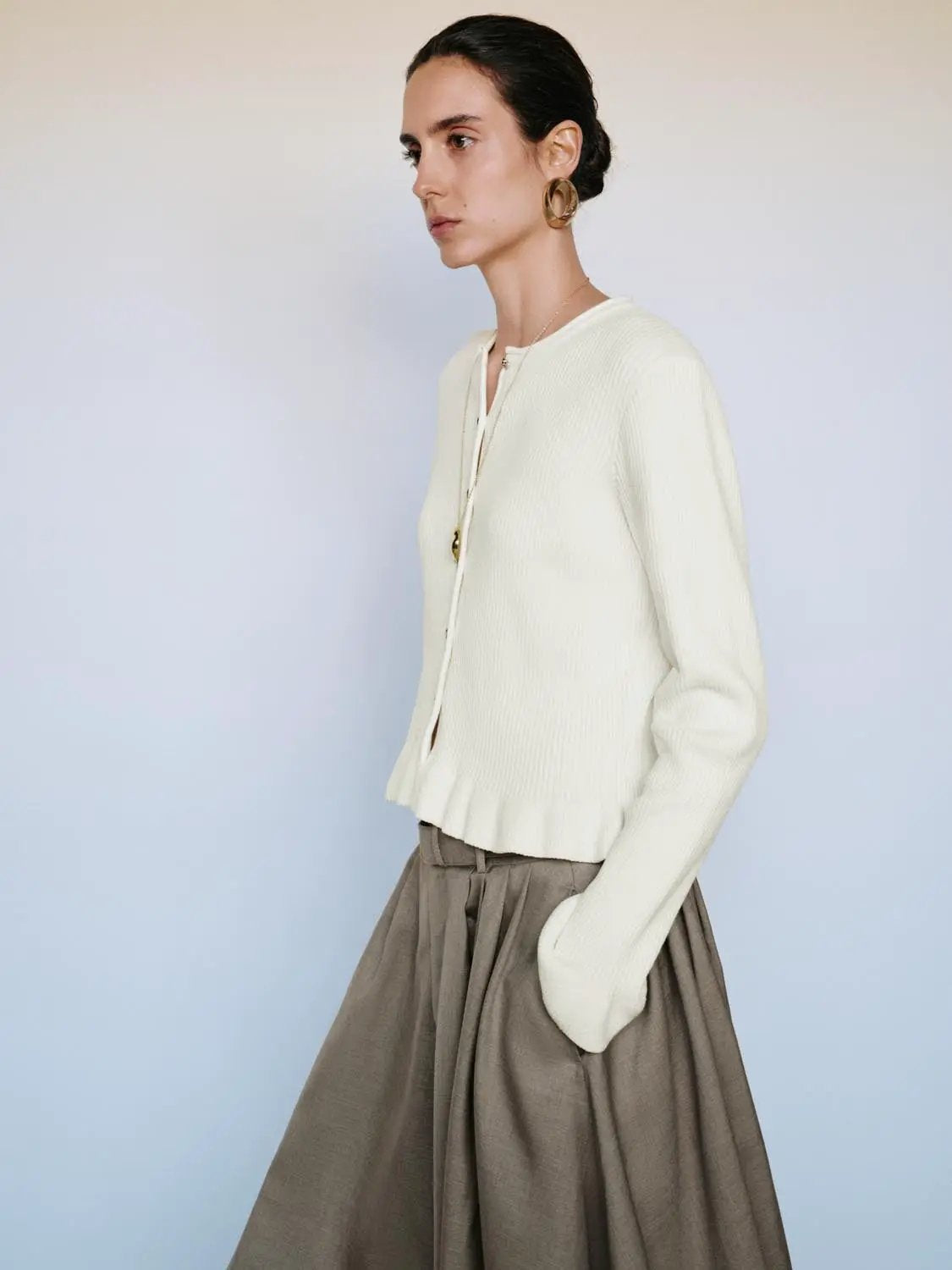 Ribbed Heart Button Crew Neck Long Sleeve Cardigan
