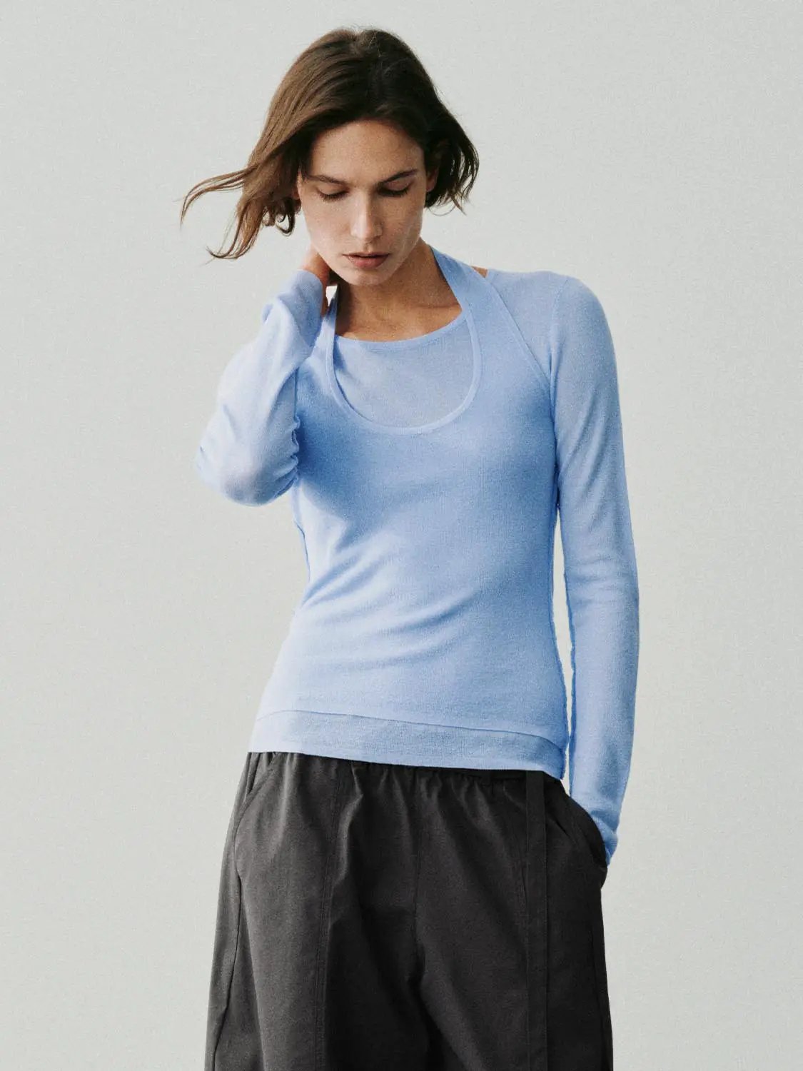 Halter Neck Fitted Long Sleeve Textured Knit T-shirt