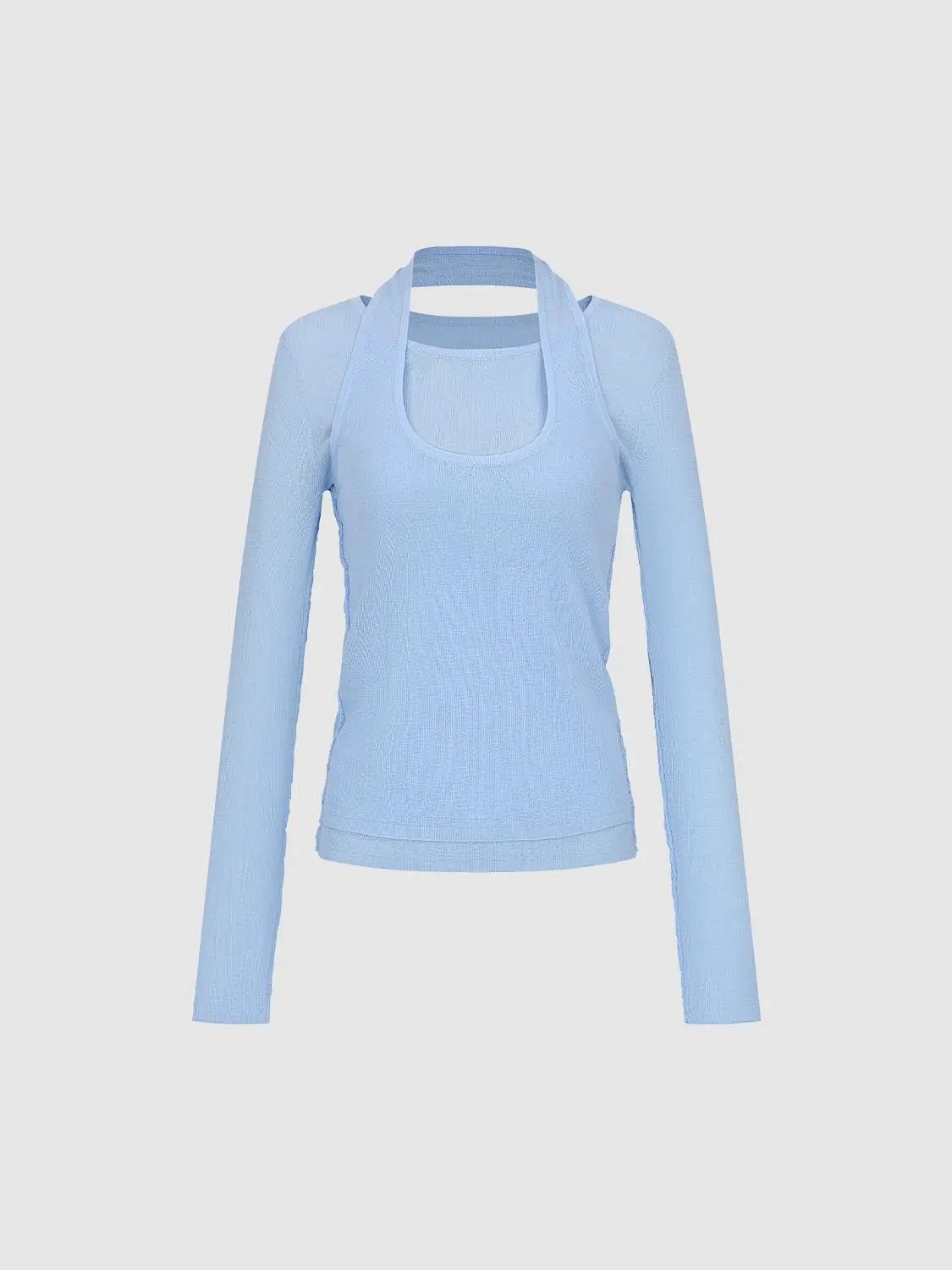 Halter Neck Fitted Long Sleeve Textured Knit T-shirt