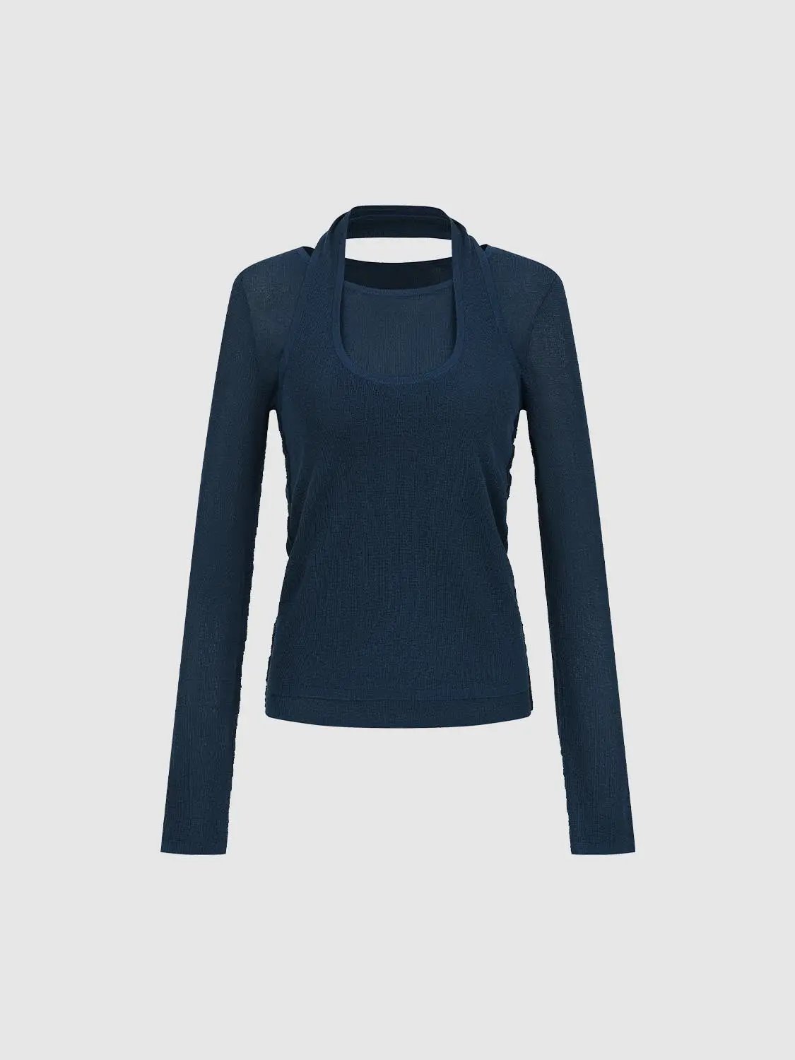 Halter Neck Fitted Long Sleeve Textured Knit T-shirt