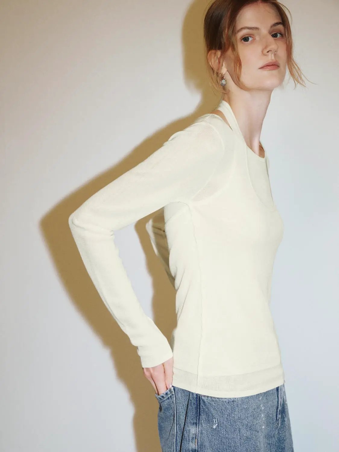 Halter Neck Fitted Long Sleeve Textured Knit T-shirt