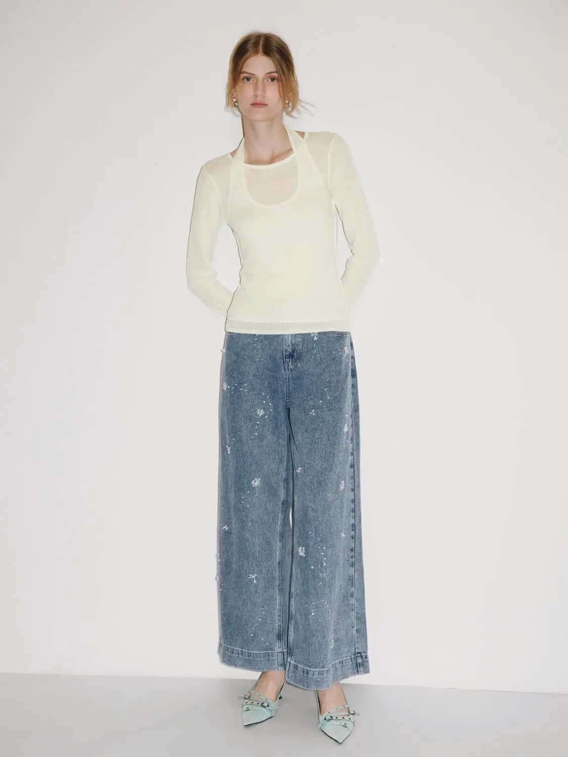 Halter Neck Fitted Long Sleeve Textured Knit T-shirt
