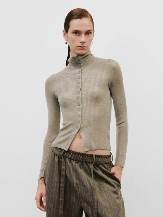Ribbed Slim Mock Neck Long Sleeve Button Front Knit Jacket