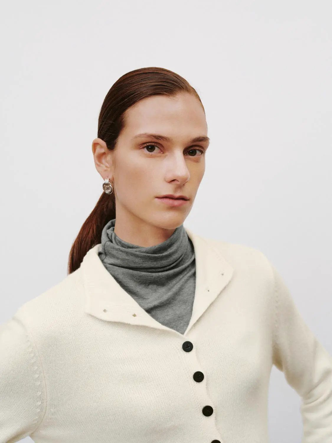 Button Front Mock Neck Long Sleeve Ribbed Knit Cardigan