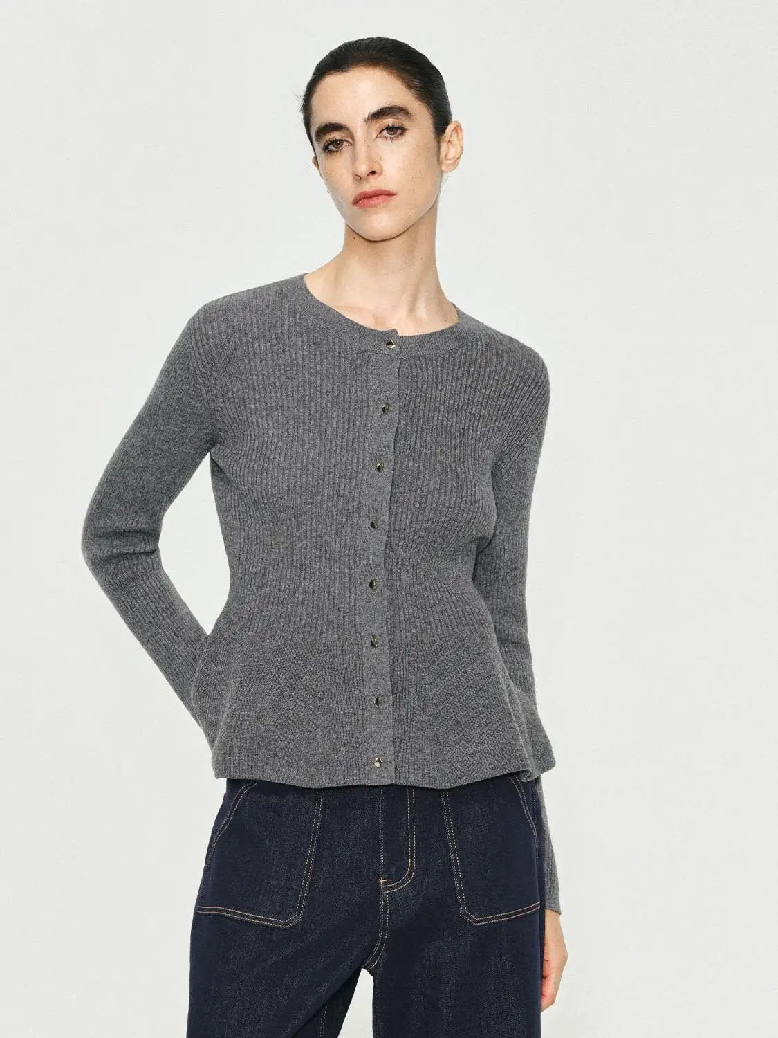 Ribbed Knit Button Front Crew Neck Long Sleeve Cardigan