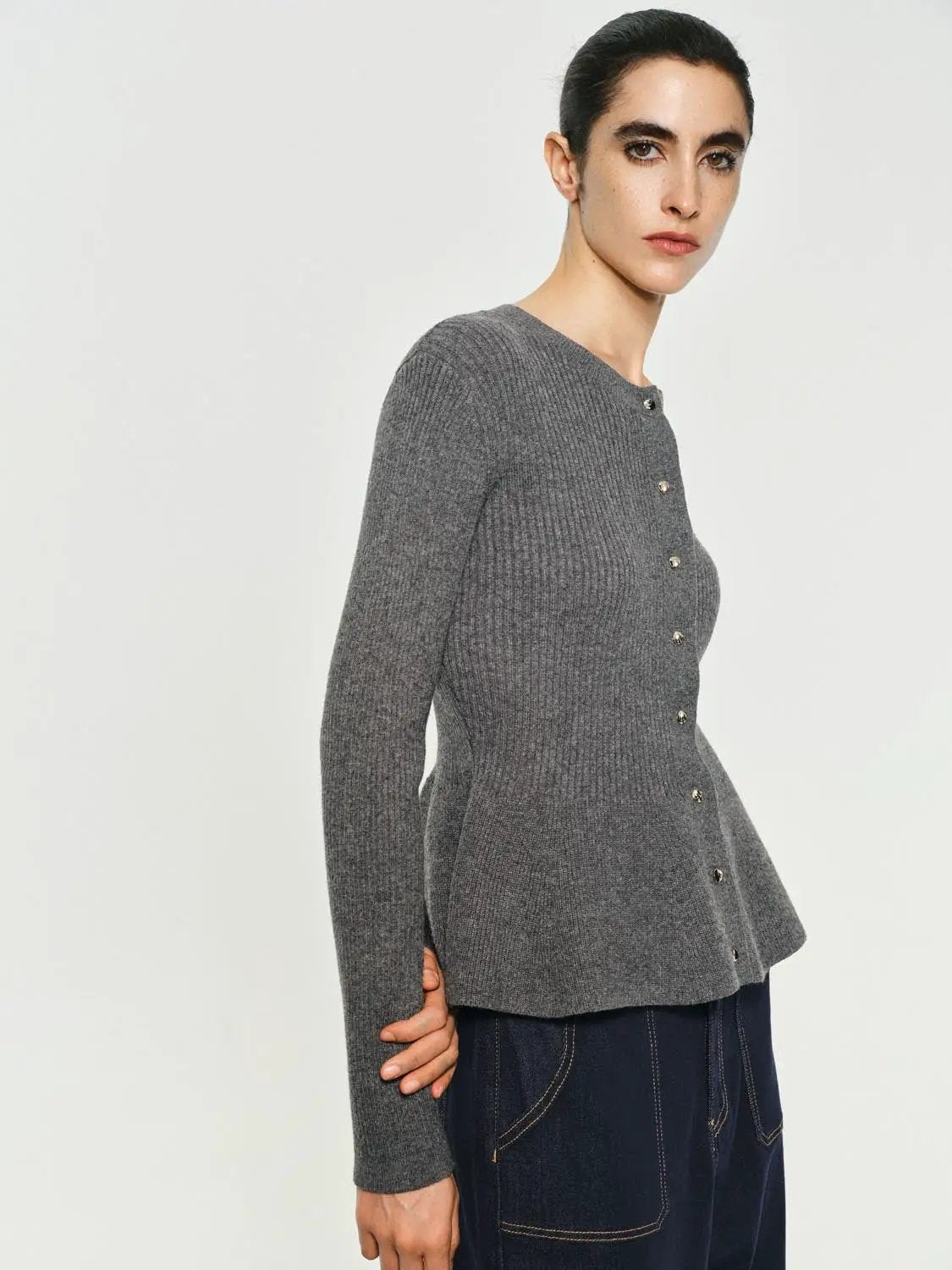 Ribbed Knit Button Front Crew Neck Long Sleeve Cardigan